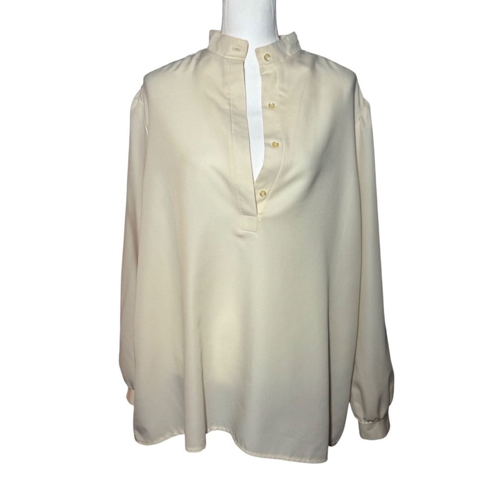 **Malouf of Dallas Vintage Popover Blouse Cream Ivory Mandarin Collar